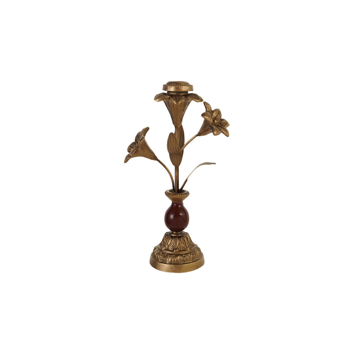 Cast Iron Taper Holder with Flowers, Antique Brass Finish &amp; Brown