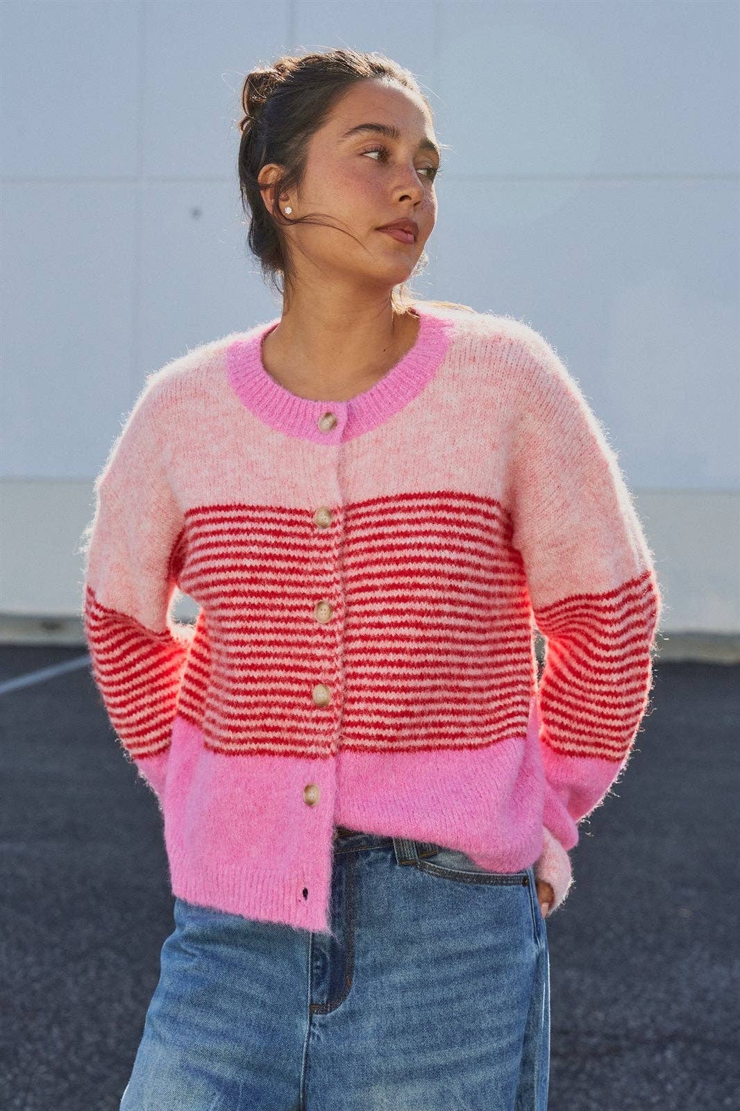 Striped Fuzzy Knit Cardigan in Pink