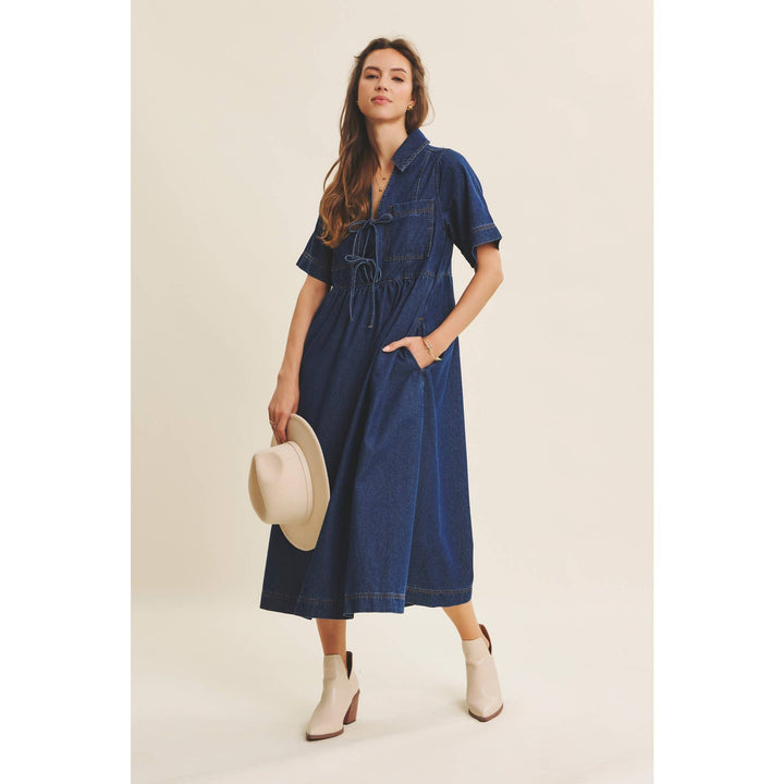 Dark Denim Washed Babydoll Midi Dress with Bow
