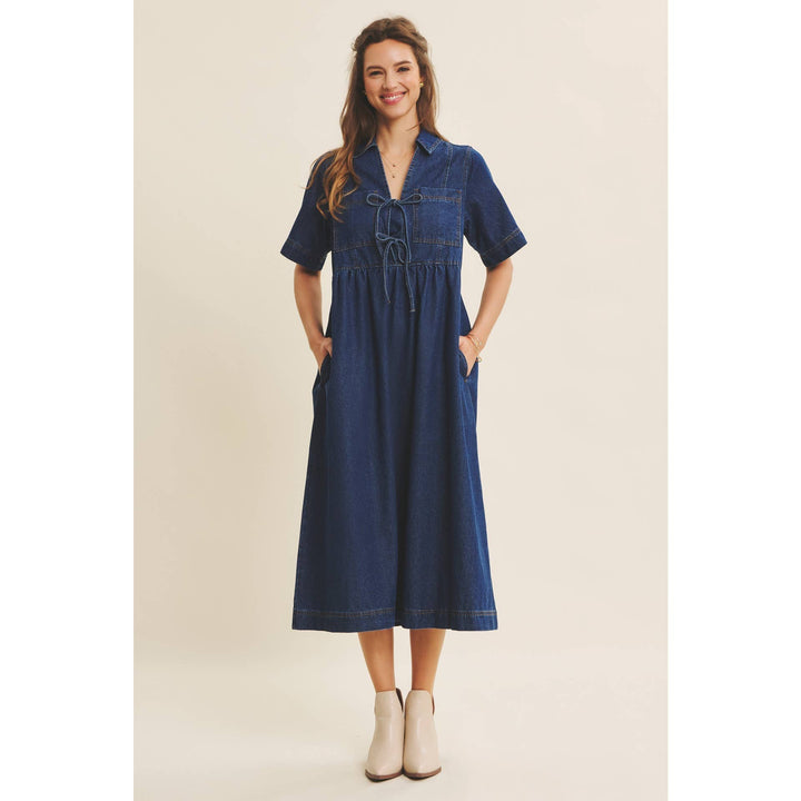 Dark Denim Washed Babydoll Midi Dress with Bow