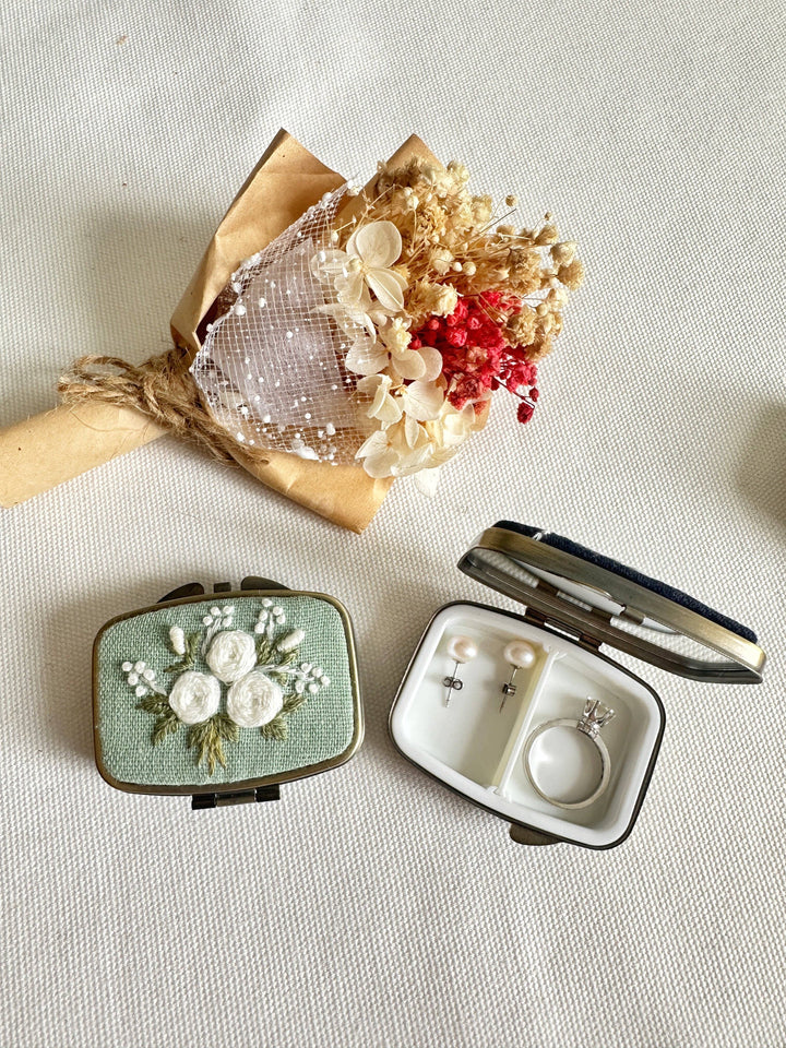 Floral Embroidered Rectangle Mini Jewelry Box With Mirror, 5 Styles