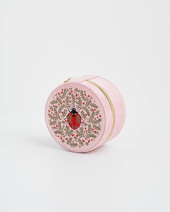 Ladybug Pink Velvet Embroidered Circle Jewelry Box