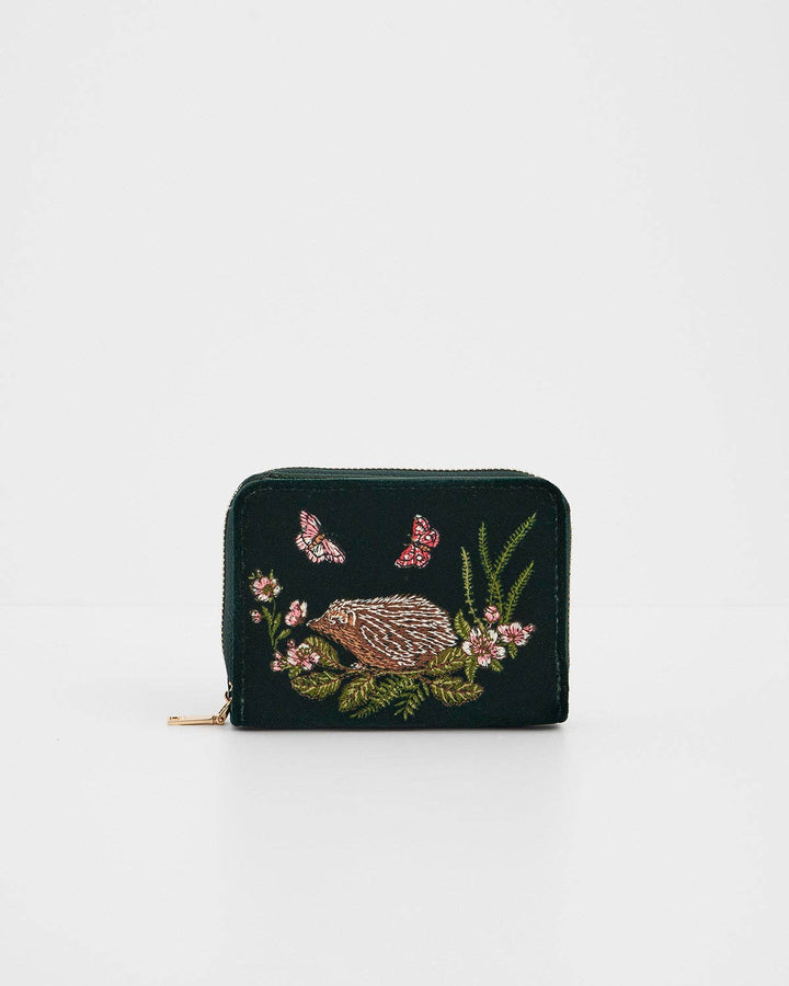 Hedgehog Embroidered Small Wallet in Forest Green Velvet