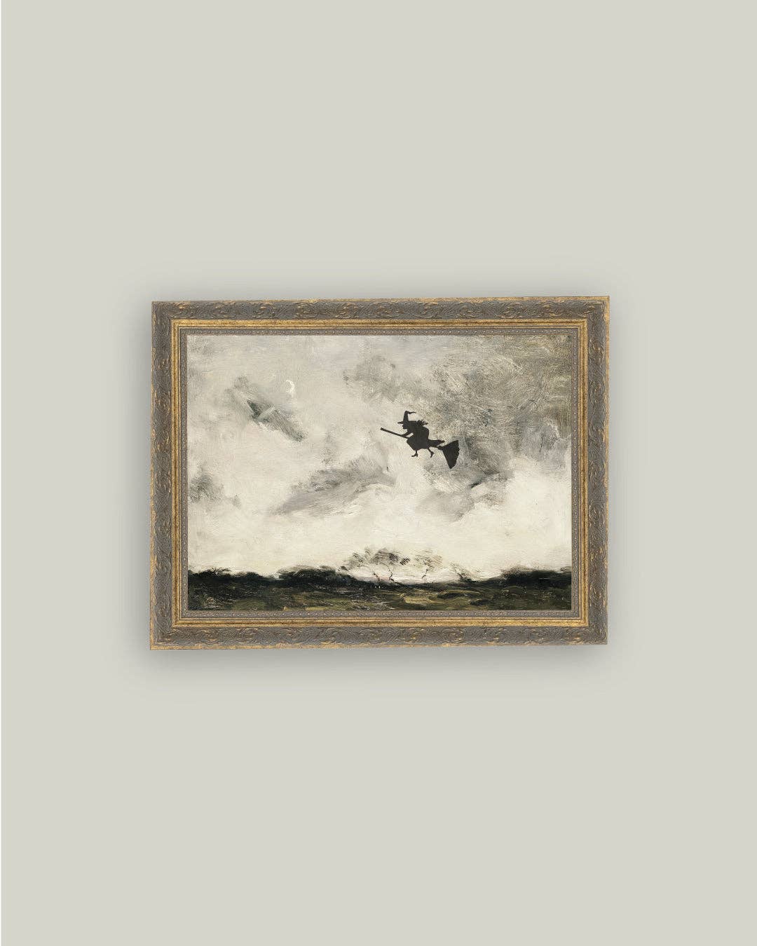 Witch Flying Through The Night Framed Antique Art, 5x7