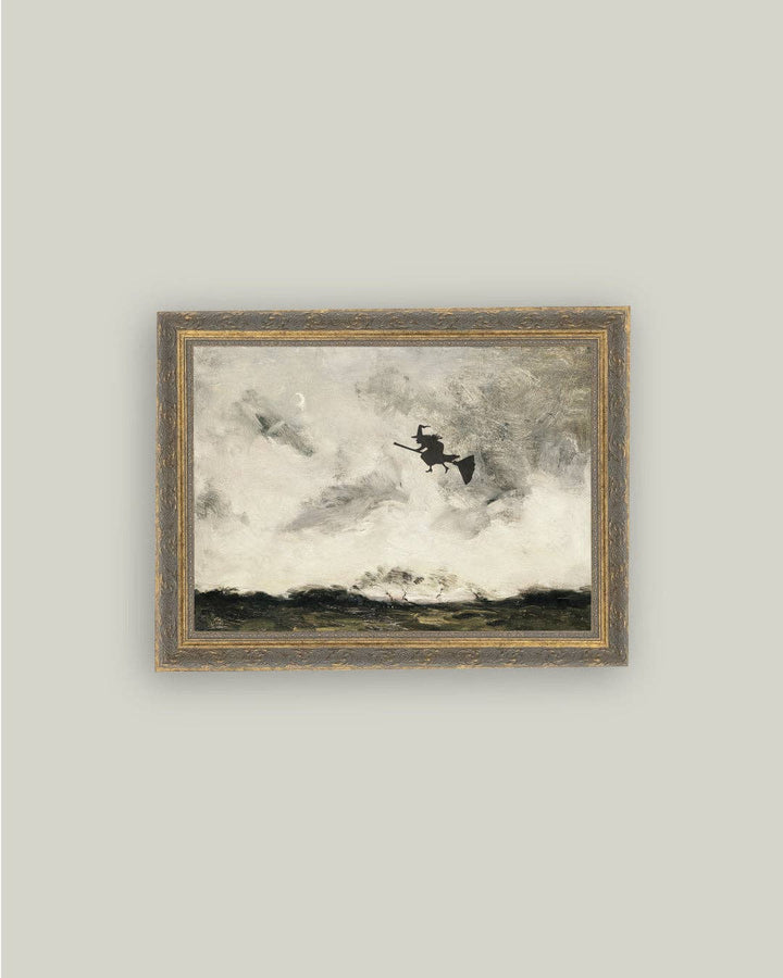 Witch Flying Through The Night Framed Antique Art, 5x7