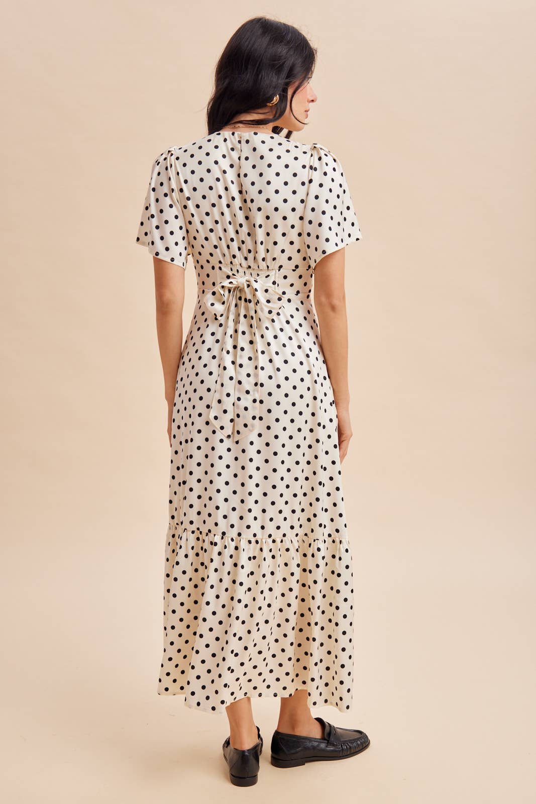 Polka Dot Flutter Sleeve Maxi Dress in Creme