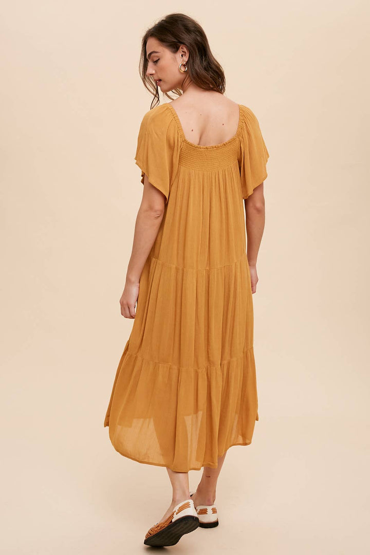 Smocked Flutter Sleeve Midi Dress in Marigold