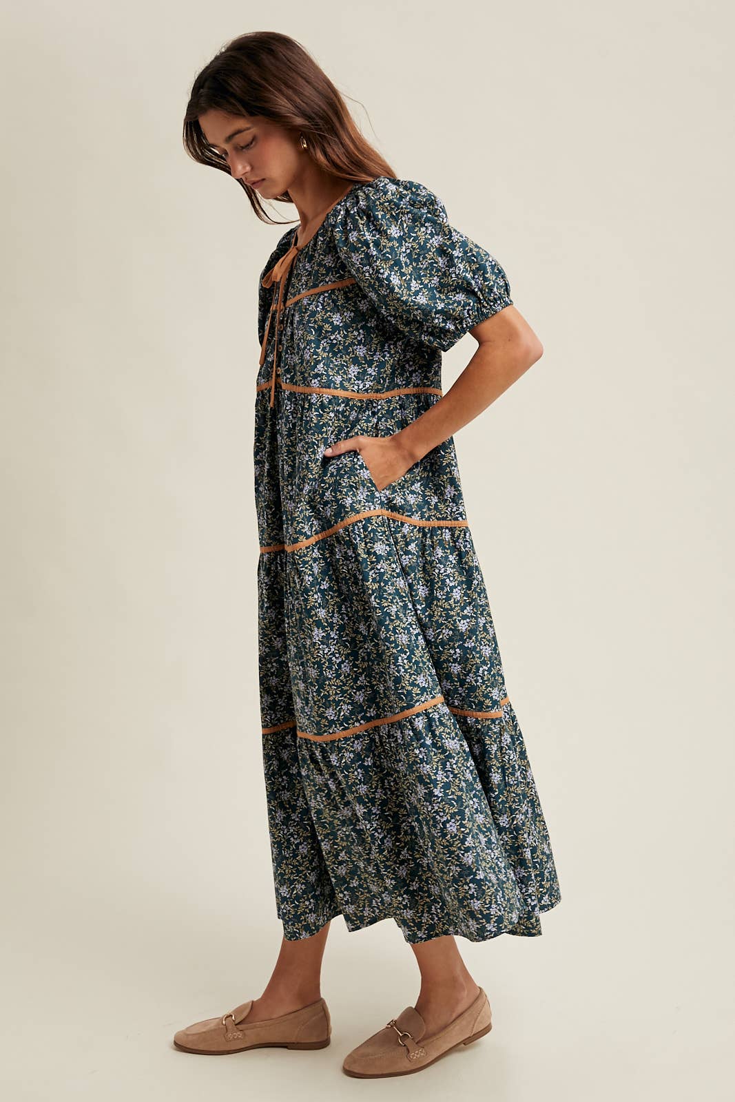 Teal Floral Piping Midi Dress