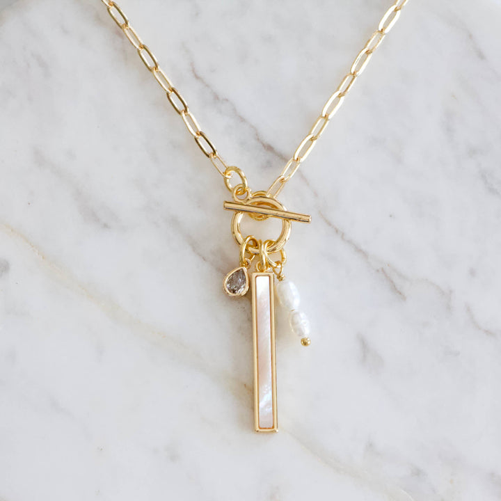CZ, Mother of Pearl Charm Toggle Necklace 