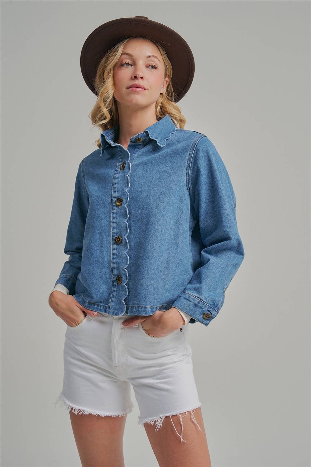 Denim Jacket With Scallop Embroidery Collar