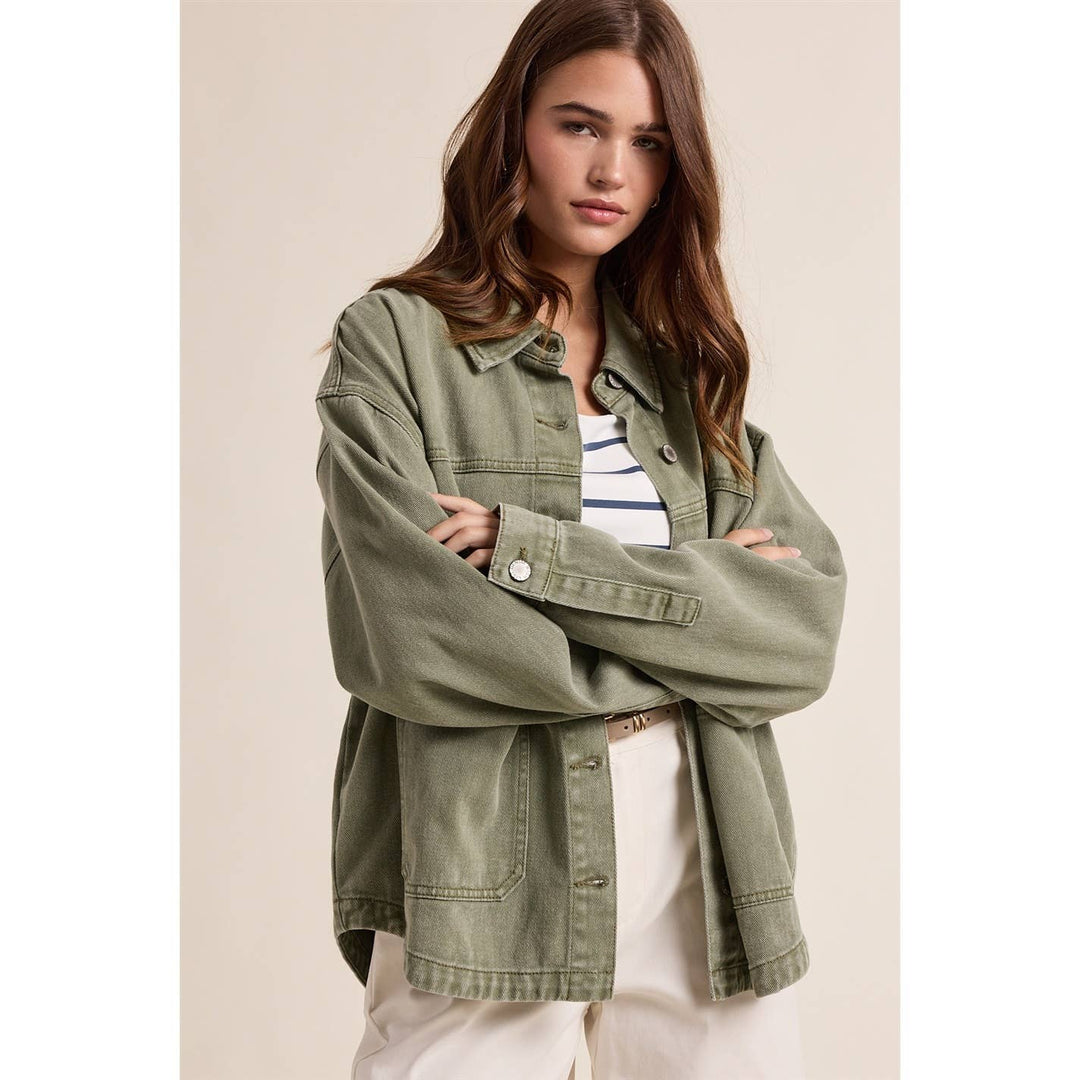 Denim Button Up Jacket in Olive