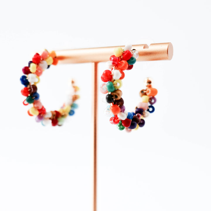 Multicolor Beaded Silver C-Hoop Earrings