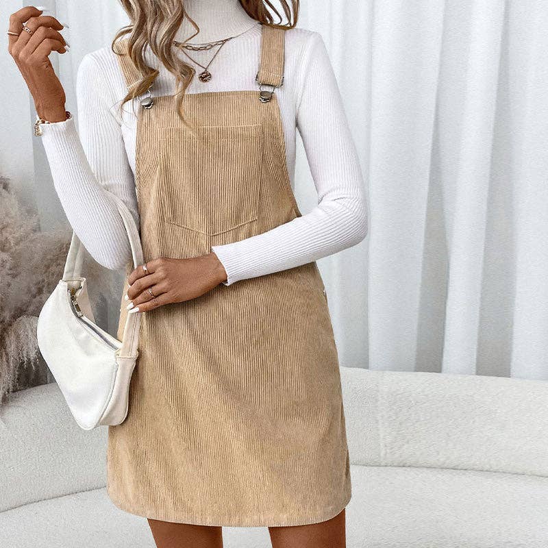 Corduroy Overall Dress with Pocket in Coffee