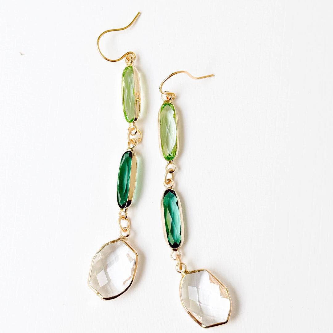 Green Clear Faceted Glass Dangle Earrings