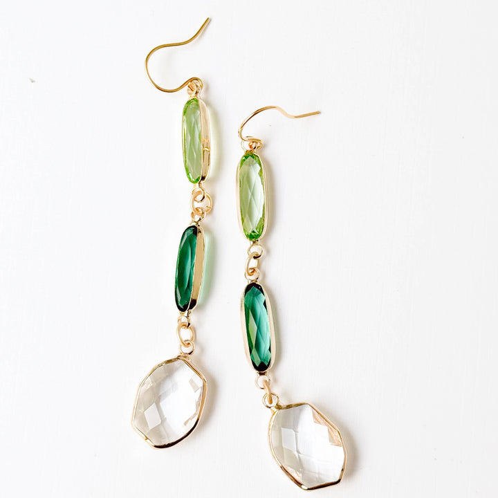 Green Clear Faceted Glass Dangle Earrings
