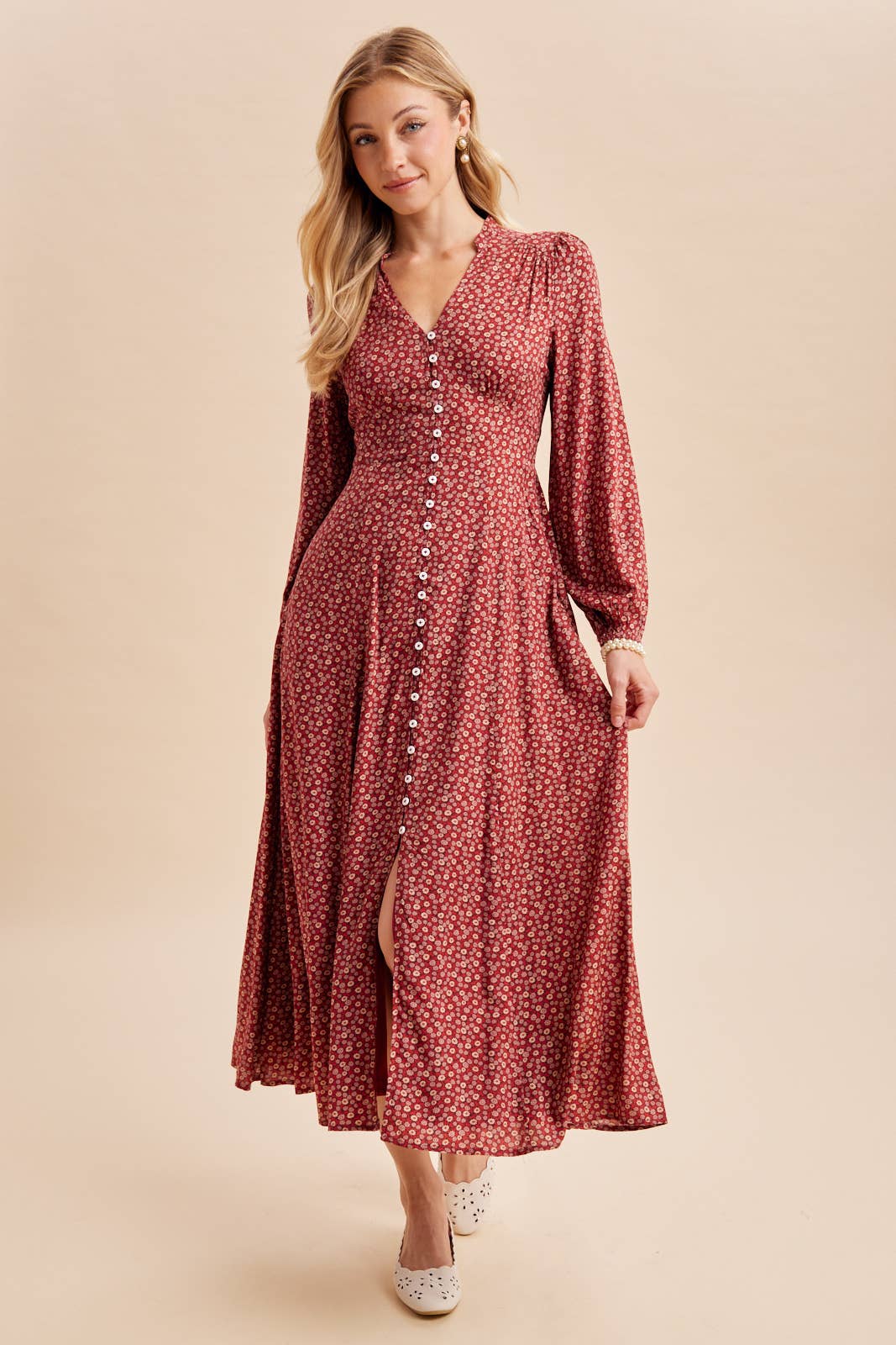 Long Sleeve Button Front Floral Maxi in Maroon