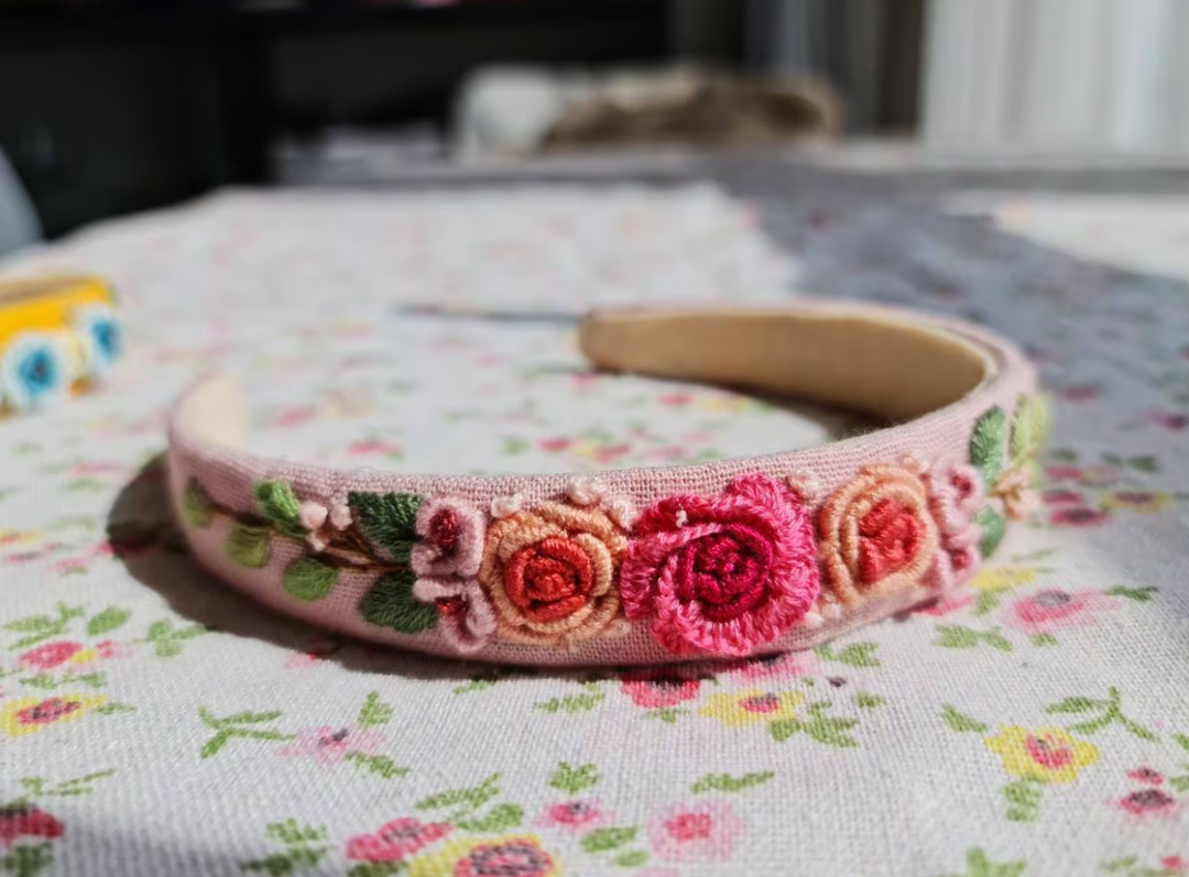 Fuchsia &amp; Orange Floral Embroidered Headband