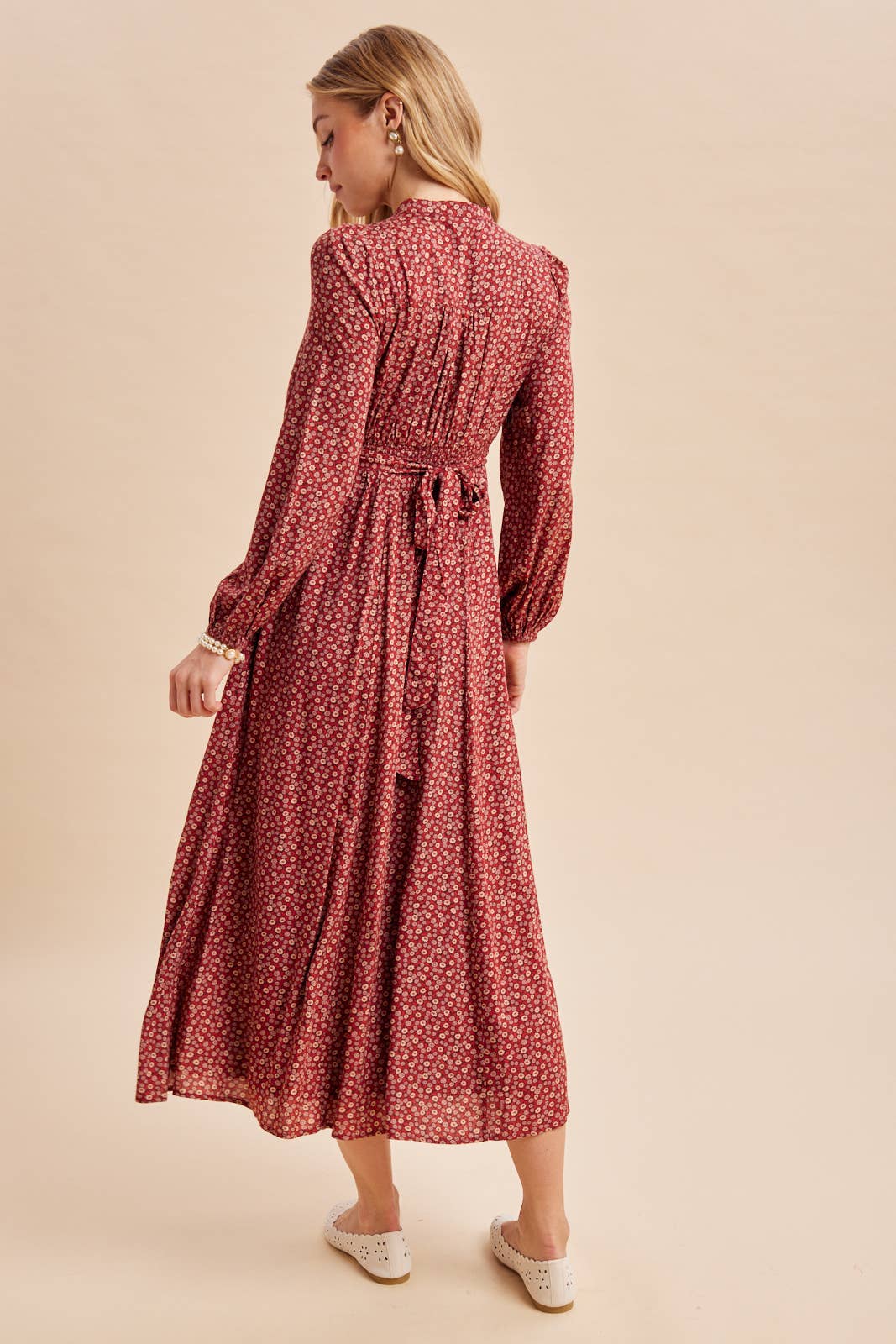 Long Sleeve Button Front Floral Maxi in Maroon