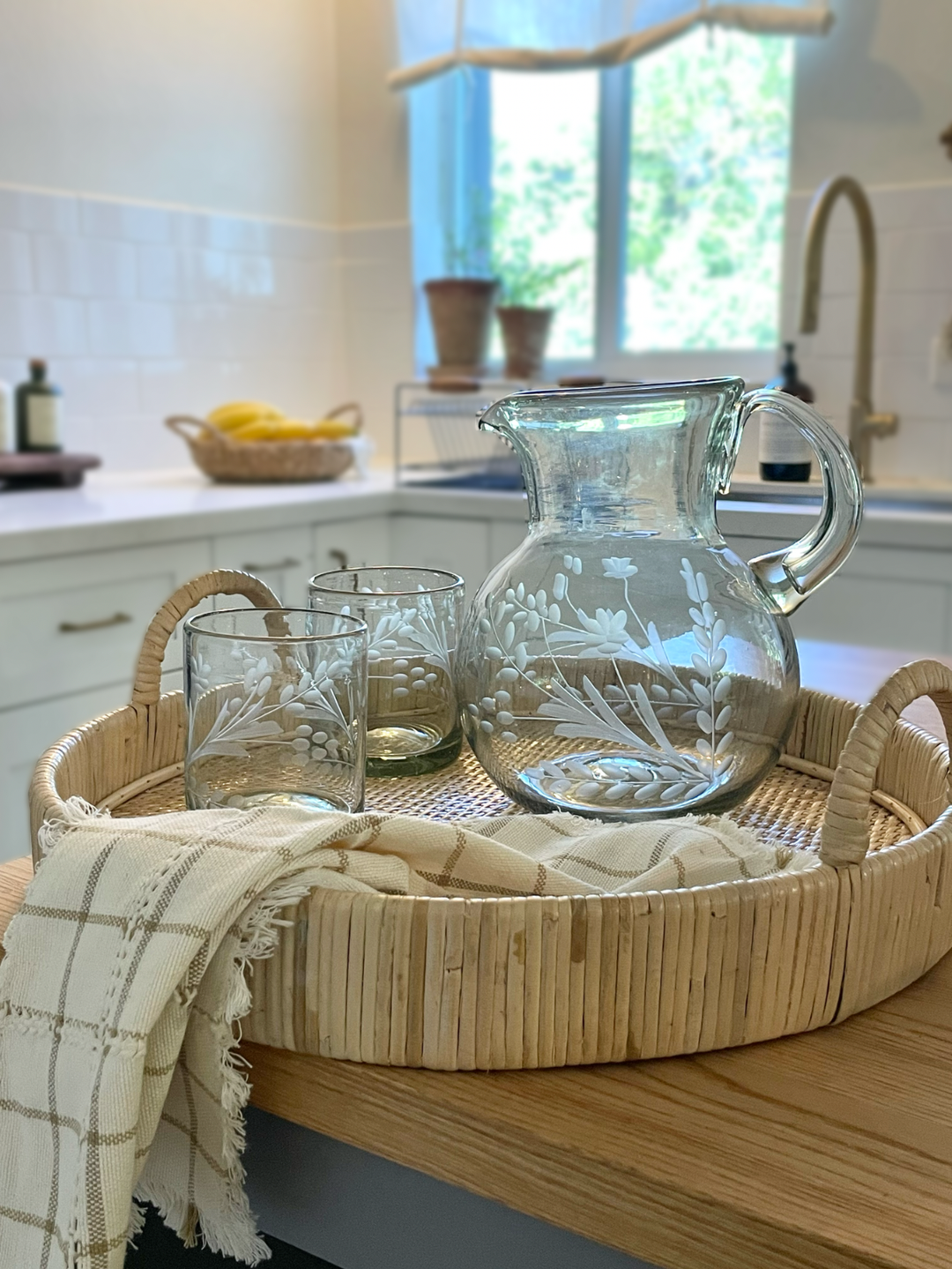 Hand-Etched Blown Large Pitcher
