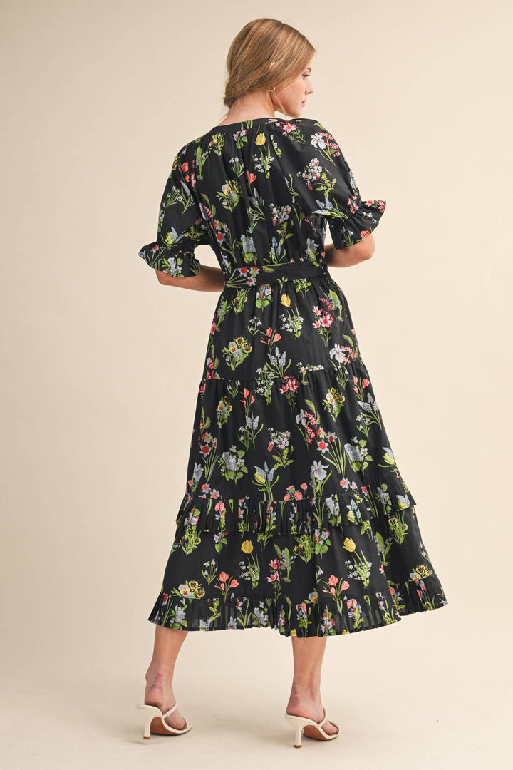 Floral Print Belted Midi Dress in Black