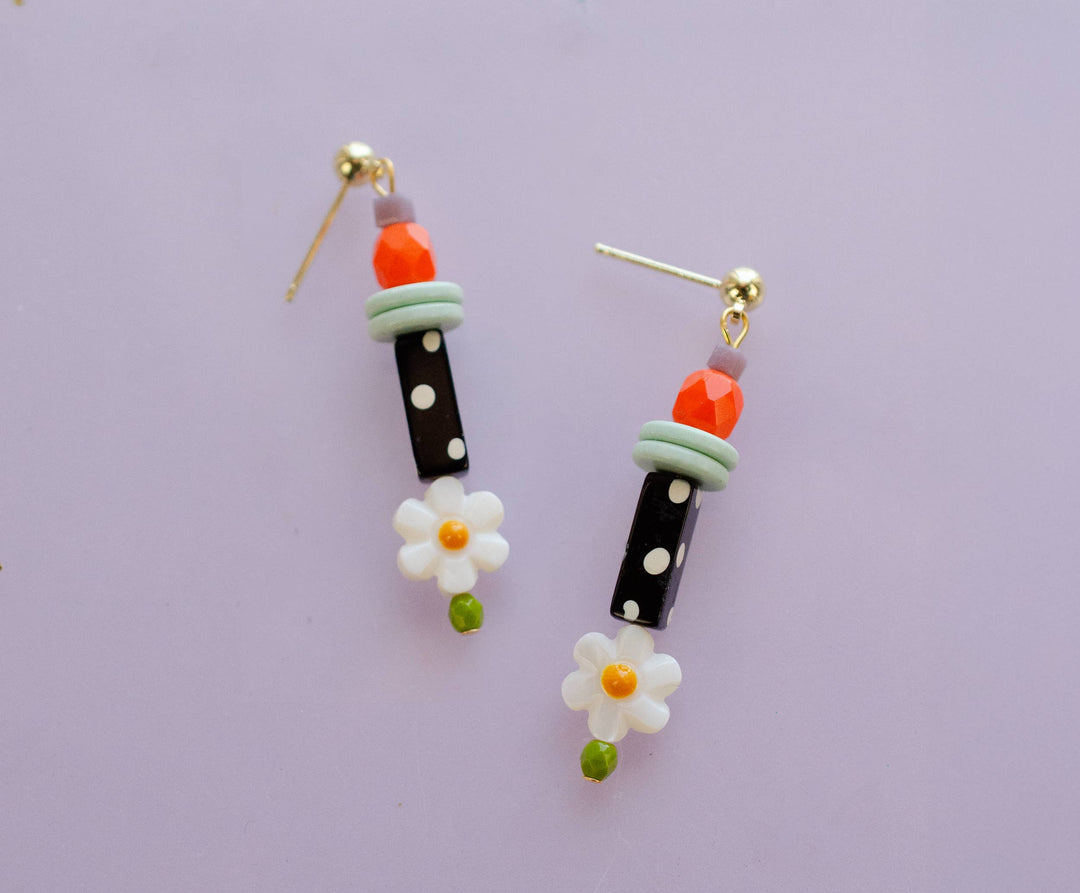Petal Earrings, Black &amp; White Polka Dots