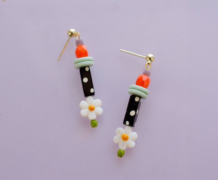 Petal Earrings, Black &amp; White Polka Dots