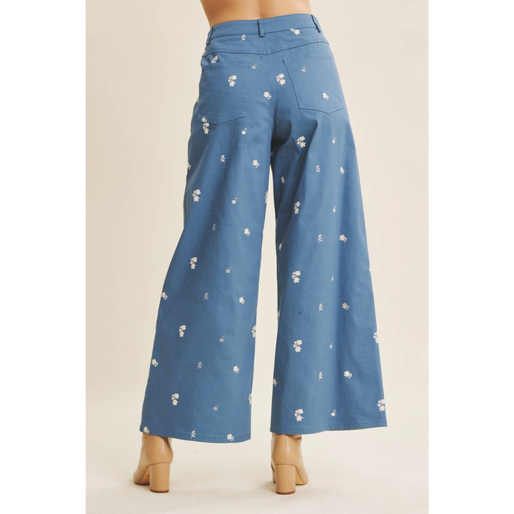 Embroidery Wide Leg Pants in Steel Blue