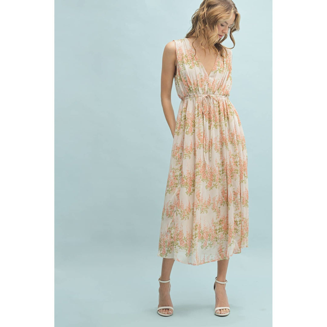 Floral Sleeveless Midi Dress in Off White/Coral