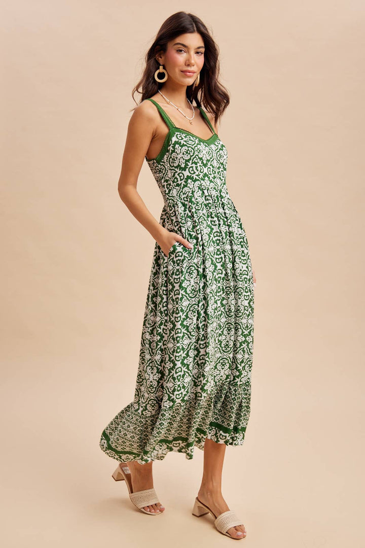 Sleeveless Border Print Maxi in Bali Green