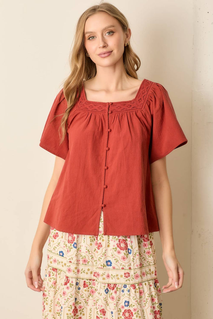 Square Neck Top with Lace Trim