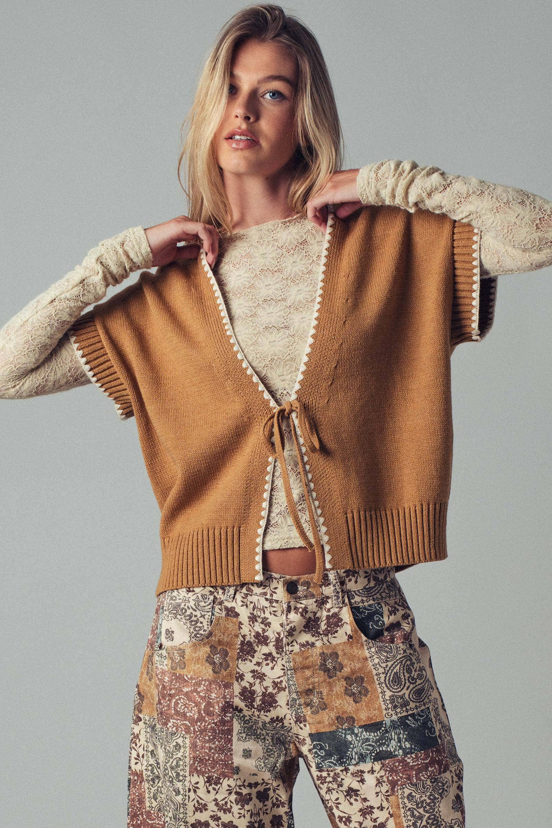 Crochet Trim Tie Front Knit Vest- 2 Colors