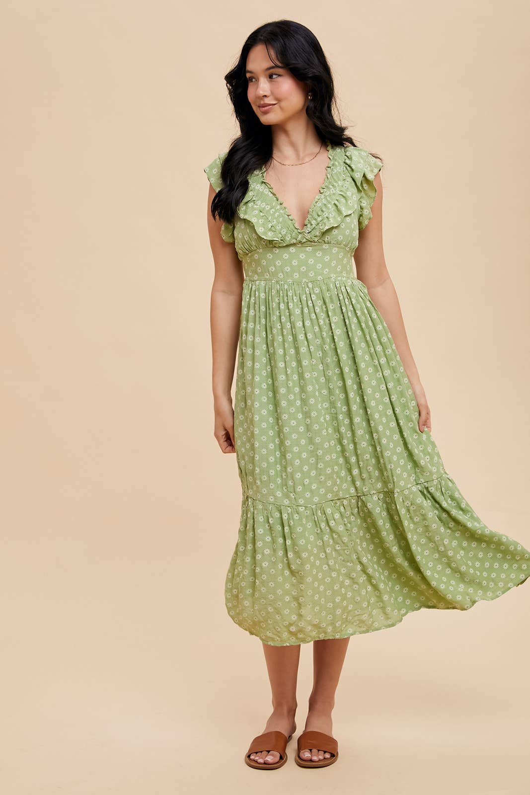 Ruffle V-Neck Midi Dress in Green Tea