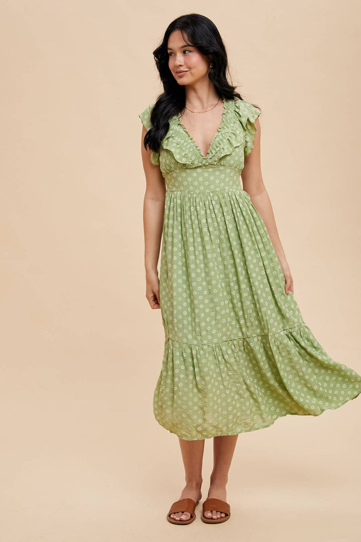 Ruffle V-Neck Midi Dress in Green Tea