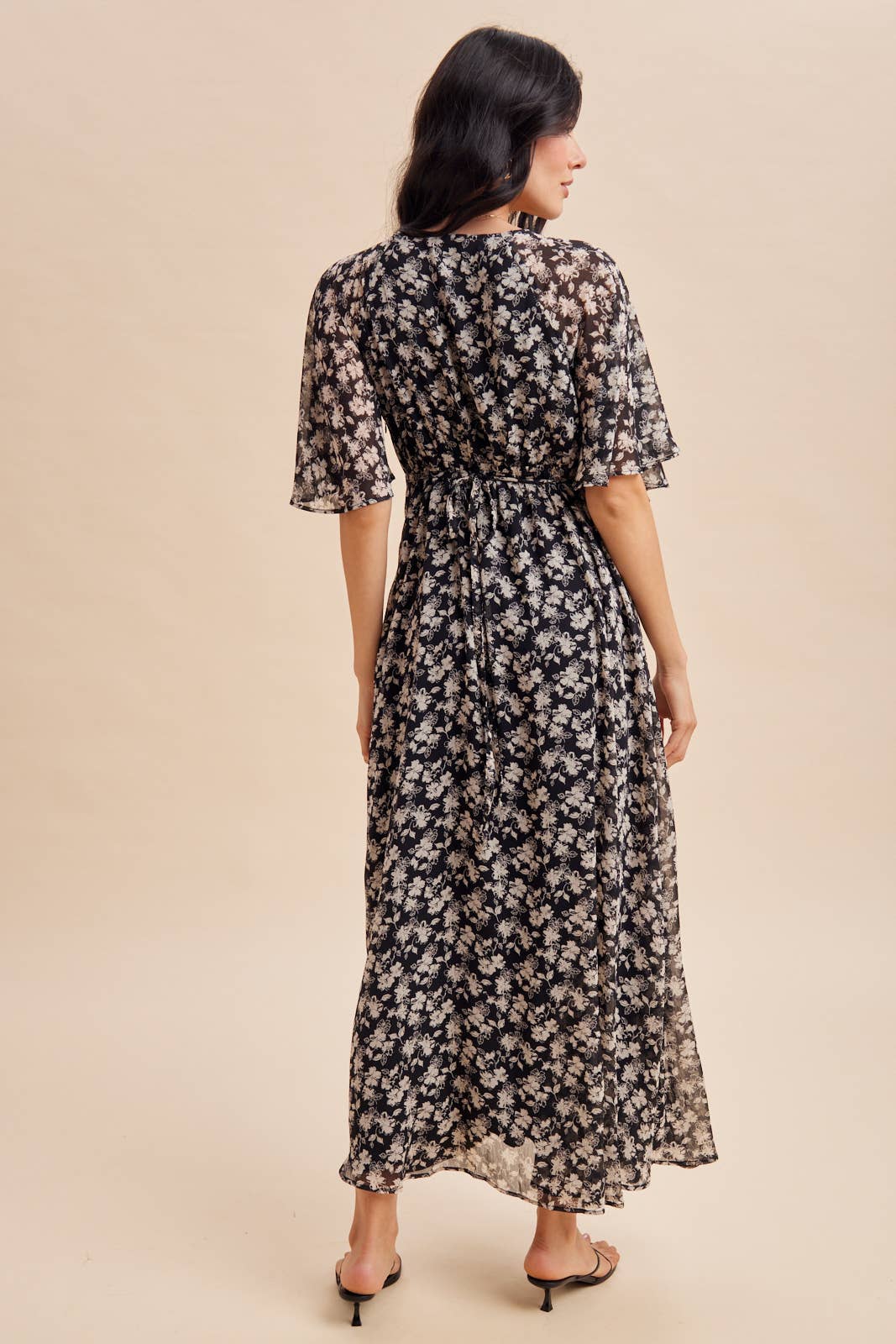 Flutter Sleeve Floral Maxi Dress in Black