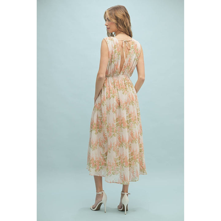 Floral Sleeveless Midi Dress in Off White/Coral