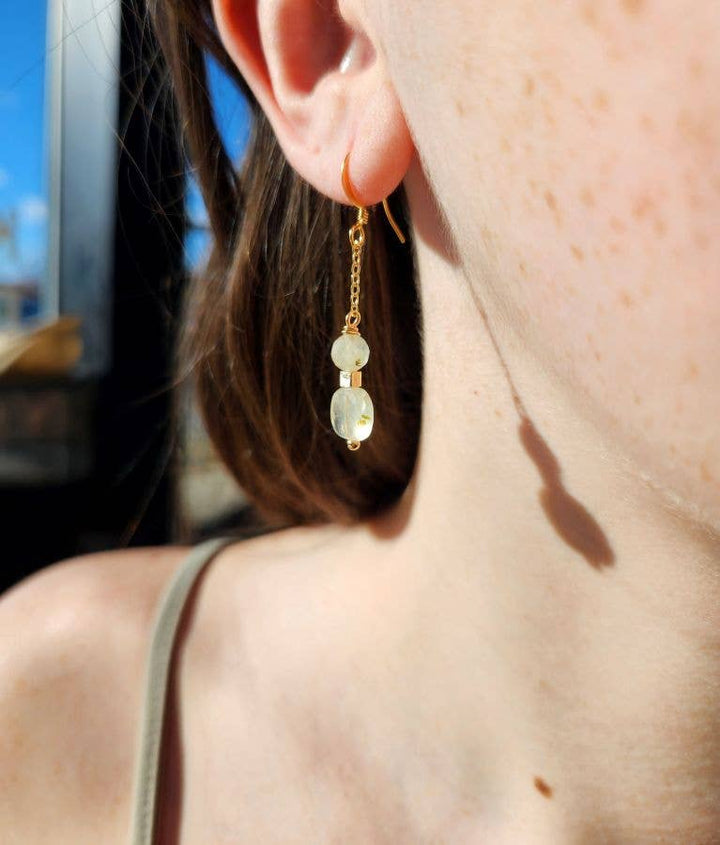 Prehnite Square and Round Beaded Gold Chain Earrings