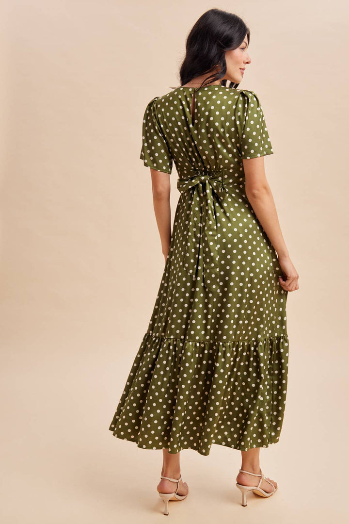 Polka Dot Flutter Sleeve Maxi Dress in Olive