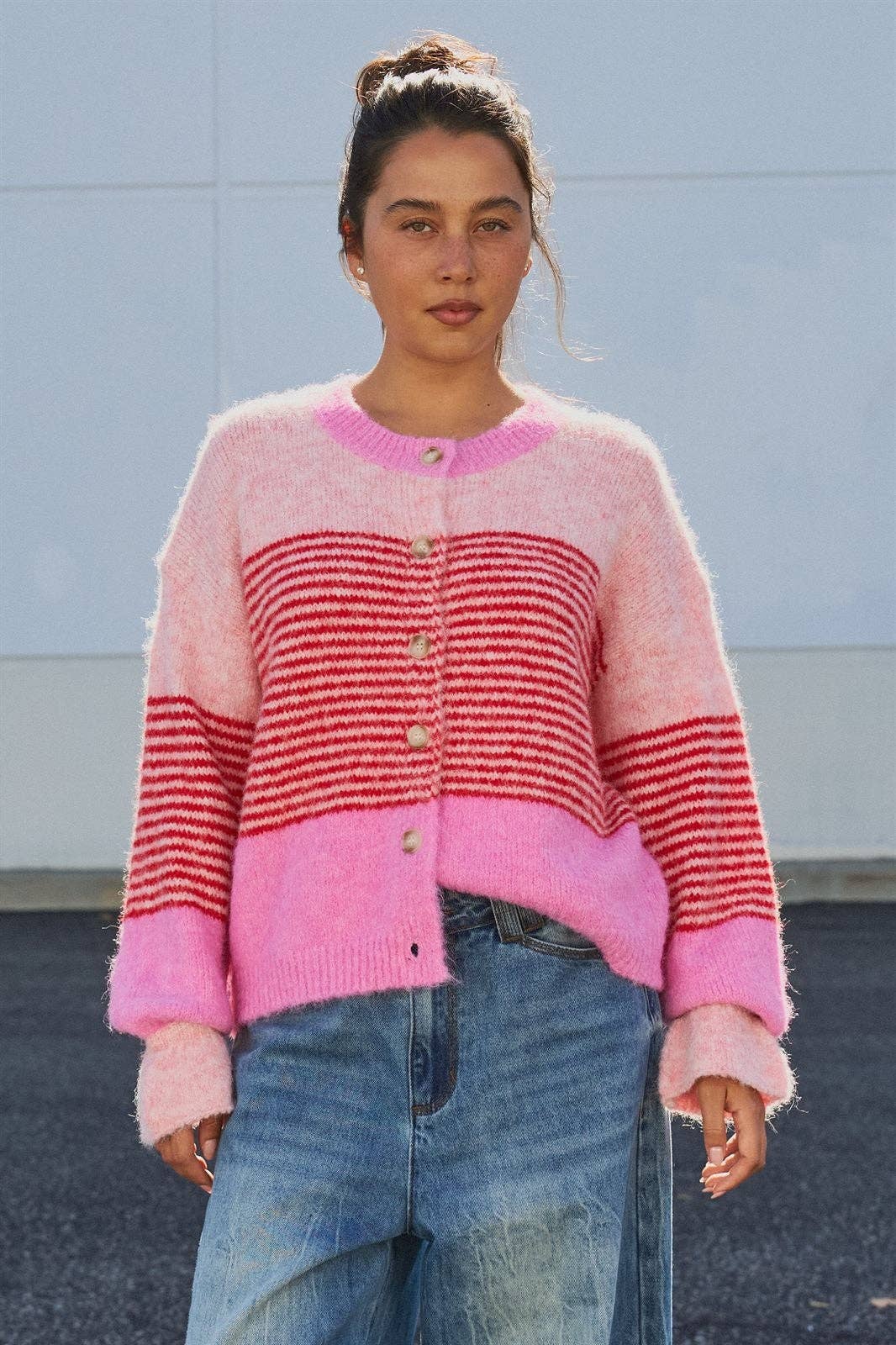 Striped Fuzzy Knit Cardigan in Pink