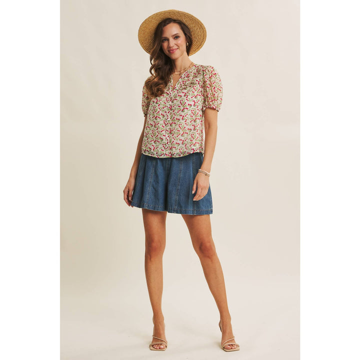 Cherry Puff Sleeve Button Down Blouse