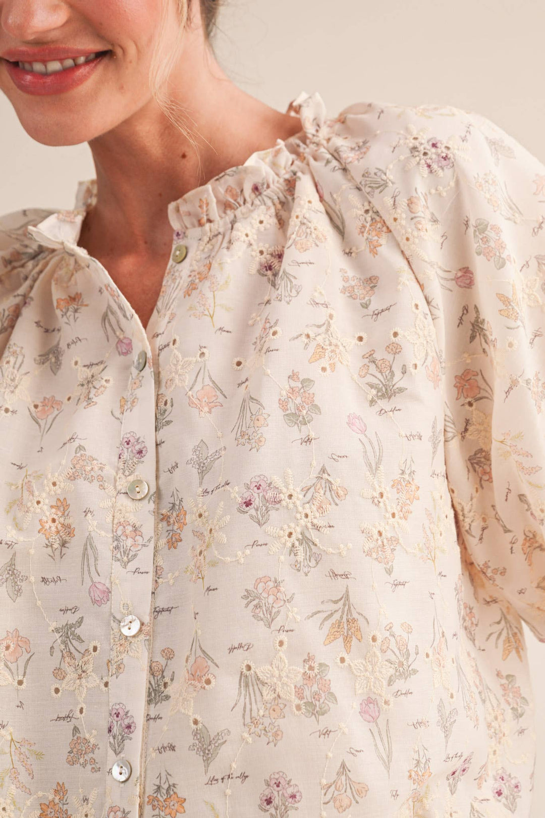 Ivory Floral Print Eyelet Bubble Top