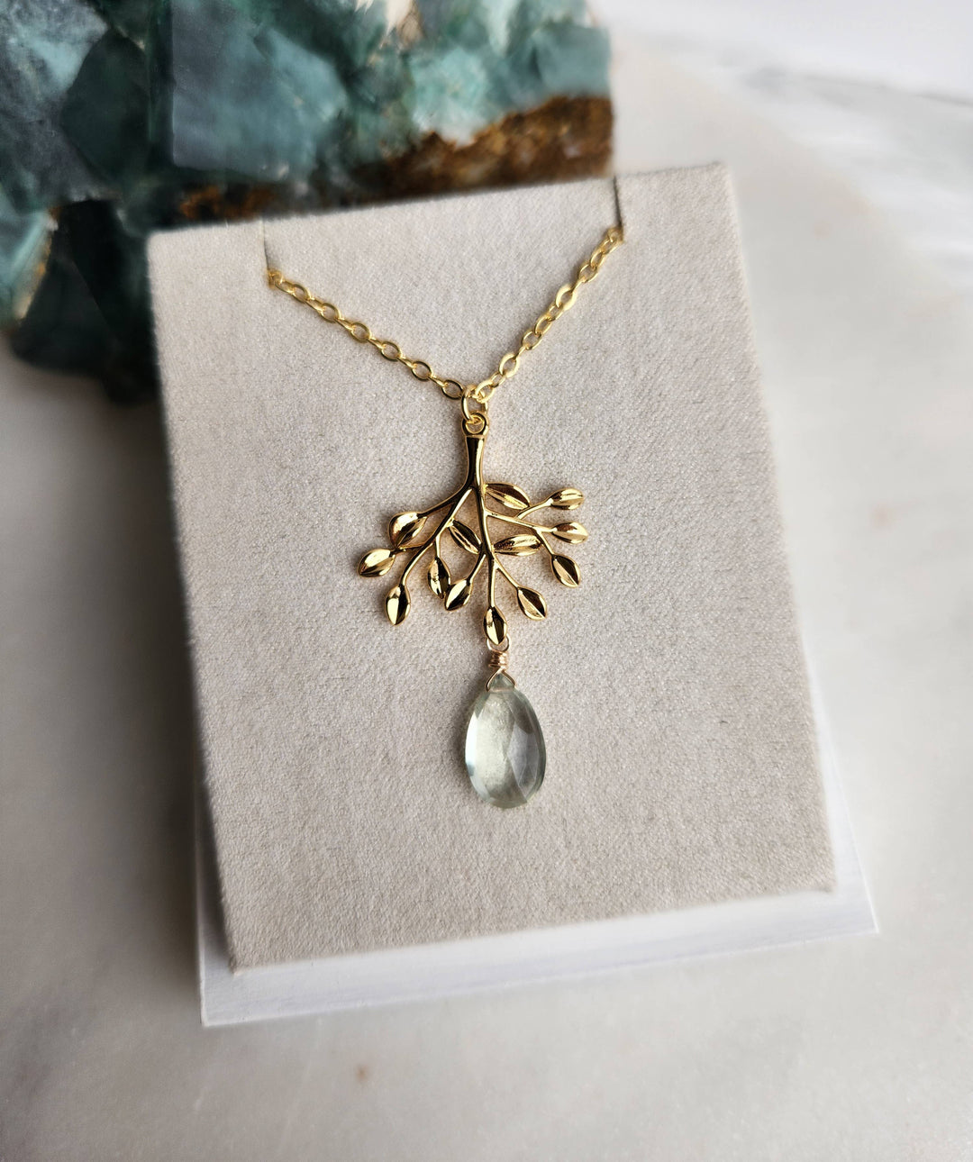 Green Amethyst Gold Tree Pendant Necklace