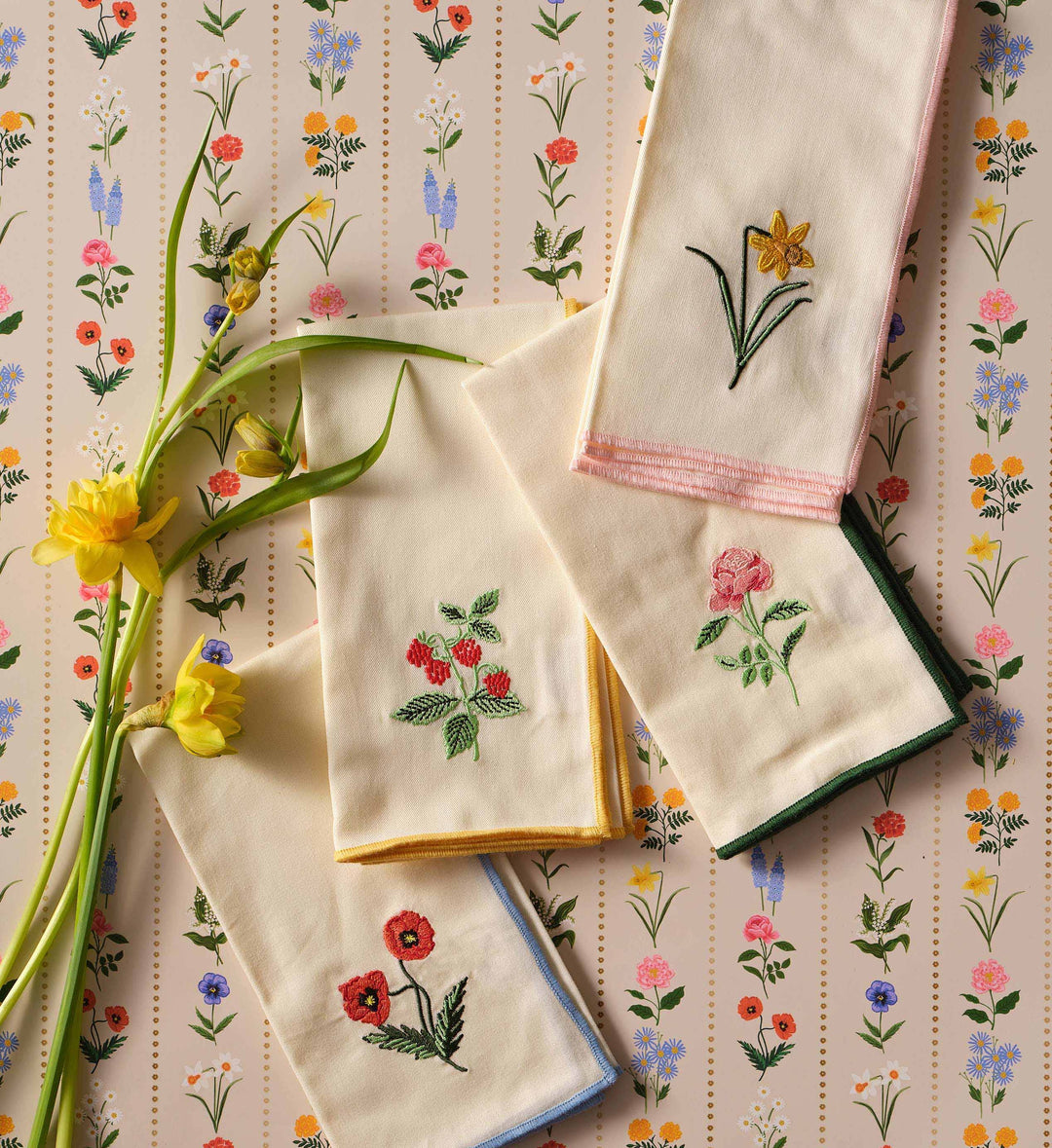 Garden Study Embroidered Cotton Napkins, Assorted Set of 4