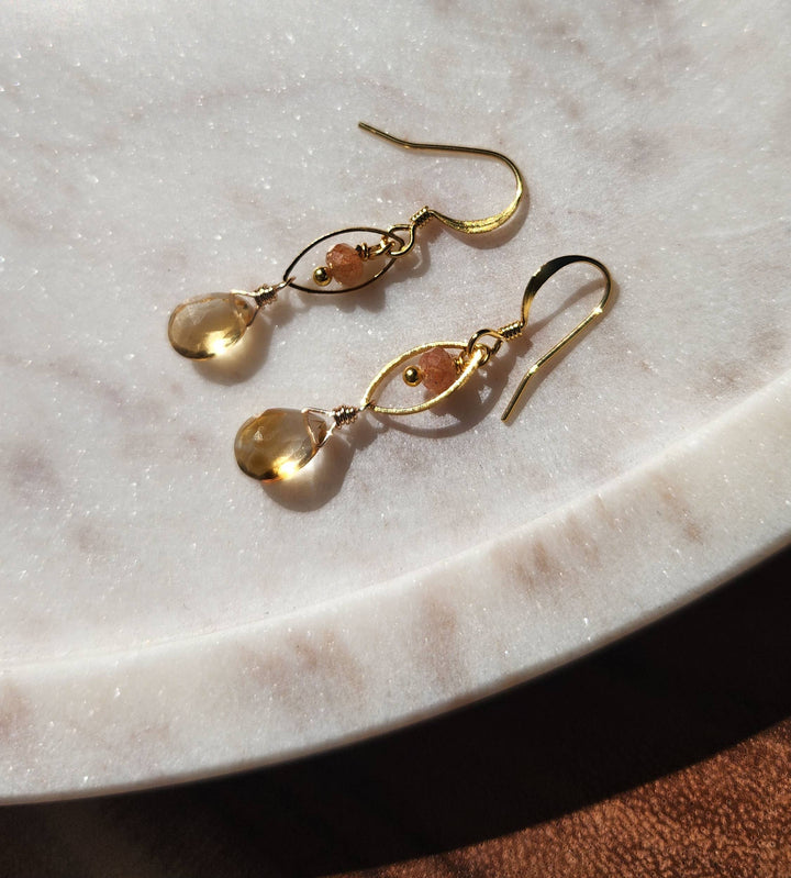 Citrine and Sunstone Dainty Gold Marquis Earrings