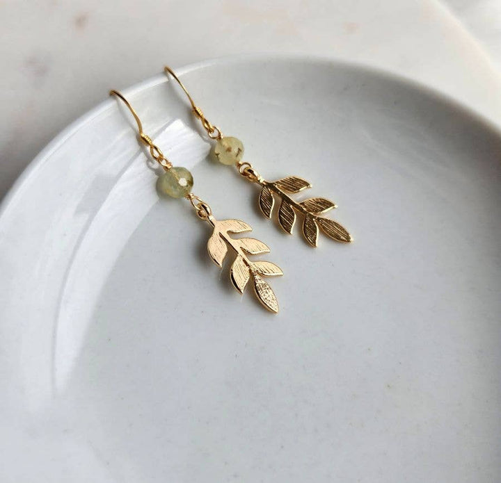 Gold Leaf and Prehnite Earrings