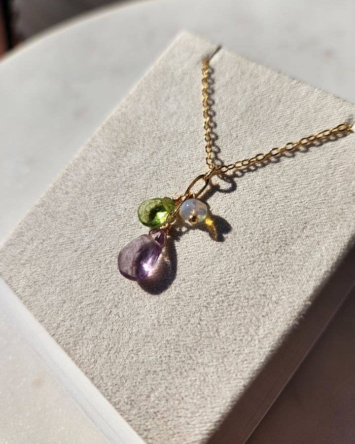 Light Amethyst, Peridot and Opal Gold Cluster Necklace