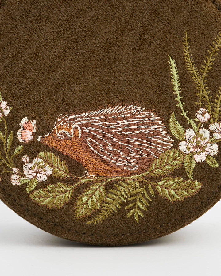 Hedgehog Embroidered Round Jewelry Box in Khaki Suedette