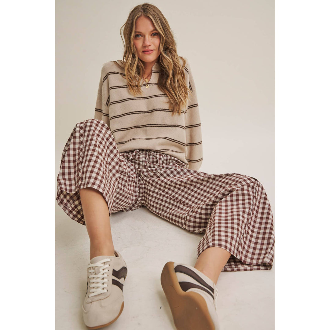 Relaxed Gingham Cotton Barrel Pants in Chocolate