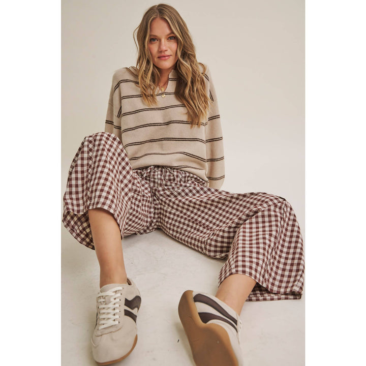 Relaxed Gingham Cotton Barrel Pants in Chocolate