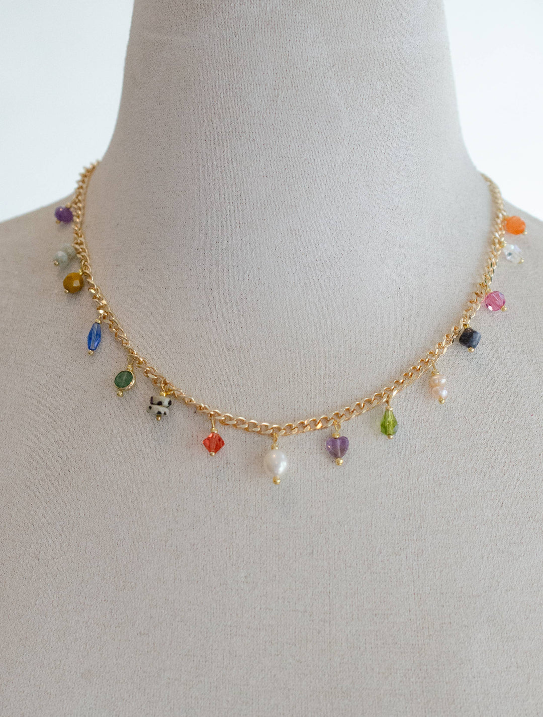Multicharm Beaded Necklace on Curb Chain