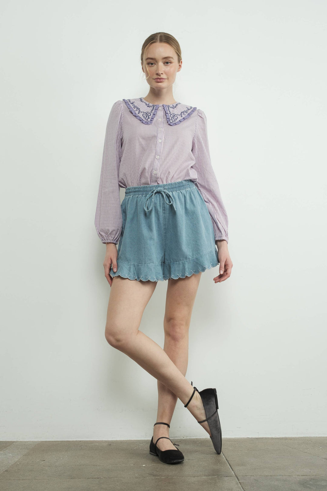 Embroidered Ruffle Hem Shorts
